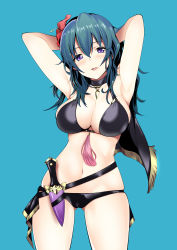 Rule 34 | 1girl, absurdres, armpits, arms behind head, arms up, bare shoulders, belt, bikini, black bikini, black capelet, blue background, blue eyes, blue hair, blush, breasts, byleth (female) (fire emblem), byleth (female) (summer) (fire emblem), byleth (fire emblem), capelet, choker, cleavage, collarbone, dagger, daive, fire emblem, fire emblem: three houses, fire emblem heroes, flower, hair flower, hair ornament, highres, knife, large breasts, long hair, looking at viewer, navel, nintendo, official alternate costume, parted lips, simple background, swimsuit, thighs, weapon