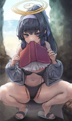 Rule 34 | 1girl, absurdres, bare legs, bikini, black bikini, black hair, blue archive, blurry, blurry background, blush, cardigan, full body, ggz (gguzal 95), grey cardigan, halo, highres, looking at viewer, navel, official alternate costume, open cardigan, open clothes, outdoors, ponytail, purple eyes, sidelocks, slippers, solo, spread legs, squatting, stomach, swimsuit, tiptoes, toes, ui (blue archive), ui (swimsuit) (blue archive), untied bikini top