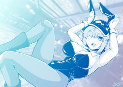 Rule 34 | 1girl, animal ears, bar (place), blue theme, blush, boots, breasts, cleavage, commentary request, fake animal ears, feet out of frame, flat cap, hair bobbles, hair ornament, hat, highres, indoors, kagiyama shachou, kawashiro nitori, large breasts, leotard, looking at viewer, medium hair, monochrome, one eye closed, open mouth, pantyhose, playboy bunny, rabbit pose, sidelocks, smile, solo, strapless, strapless leotard, touhou, two side up