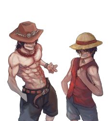 Rule 34 | 2boys, black hair, brothers, fighting stance, hat, hat over eyes, jewelry, male focus, monkey d. luffy, multiple boys, muscular, necklace, one piece, portgas d. ace, shorts, siblings, simple background, smile, straw hat, topless male, vest