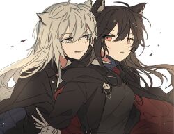 Rule 34 | 2girls, animal ear fluff, animal ear piercing, animal ears, arknights, black cape, black coat, black dress, black gloves, black hair, black jacket, breasts, cape, coat, dress, extra ears, gauntlets, gloves, grey eyes, grey hair, hair between eyes, hand on another&#039;s neck, jacket, lappland (arknights), lappland (refined horrormare) (arknights), long hair, long sleeves, looking at another, medium breasts, multiple girls, official alternate costume, orange eyes, parted lips, red cape, seri (vyrlw), simple background, smile, texas (arknights), texas the omertosa (wingbreaker) (arknights), upper body, white background, wolf ears, wolf girl, yuri