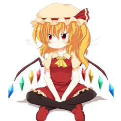 Rule 34 | 1girl, :t, ascot, bad id, bad pixiv id, black pantyhose, blonde hair, blush, dress, embodiment of scarlet devil, female focus, flandre scarlet, fuuen (akagaminanoka), hat, hat ribbon, indian style, pantyhose, pout, red dress, red eyes, red skirt, ribbon, side ponytail, sitting, skirt, solo, tears, touhou, v arms, wings