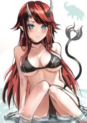 Rule 34 | 1girl, alternate costume, balflear (oe19nlud), bikini, black bikini, black hair, blue eyes, breasts, commentary request, demon girl, demon horns, demon tail, earrings, elephant, feet out of frame, highres, horns, jewelry, large breasts, long hair, looking at viewer, multicolored hair, nanashi inc., parted lips, pointy ears, red hair, ryugasaki rene, sitting, solo, sugar lyric, swimsuit, tail, two-tone hair, underboob, virtual youtuber, water