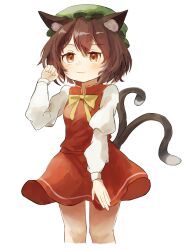 Rule 34 | 1girl, :3, animal ears, ar (maeus), blush, brown eyes, brown hair, cat ears, cat tail, chen, closed mouth, cropped legs, dress, feet out of frame, hair between eyes, highres, long sleeves, multiple tails, red dress, shirt, short hair, simple background, solo, tail, touhou, two tails, white background, white shirt