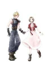 Rule 34 | 1boy, 1girl, aerith gainsborough, alternate hairstyle, amemori 0207, armor, belt, black gloves, blonde hair, blue eyes, blue pants, blue shirt, blush, boots, bracelet, breasts, brown hair, choker, cloud strife, cropped jacket, dress, final fantasy, final fantasy vii, final fantasy vii remake, full body, gloves, green eyes, highres, holding hands, jacket, jewelry, looking at another, looking at viewer, necklace, open mouth, pants, parted bangs, pink dress, red jacket, shirt, short hair, short sleeves, shoulder armor, sleeveless, sleeveless turtleneck, small breasts, smile, spiked hair, square enix, suspenders, turtleneck, white background