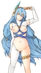 Rule 34 | 1girl, absurdres, animal ears, asymmetrical legwear, azura (fire emblem), blue hair, breasts, cleft of venus, elbow gloves, fake animal ears, fingerless gloves, fire emblem, fire emblem fates, gloves, highres, long hair, looking at viewer, medium breasts, meme attire, navel, nintendo, nipples, parted lips, pussy, rabbit ears, revealing clothes, reverse bunnysuit, reverse outfit, simple background, solo, standing, tridisart, uneven legwear, veil, white background, white gloves, yellow eyes