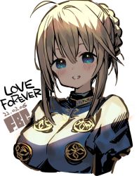 Rule 34 | 1girl, ahoge, artoria pendragon (all), artoria pendragon (fate), blonde hair, blue eyes, blush, braid, dated, english text, fate (series), fbc, grey background, hair between eyes, looking at viewer, medium hair, parted lips, puffy sleeves, saber (fate), signature, simple background, smile, solo, turtleneck, upper body