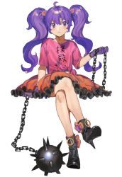 Rule 34 | 1girl, ball and chain (weapon), black footwear, facing viewer, frilled skirt, frills, full body, gloves, high heels, highres, holding, holding weapon, invisible chair, ka 4maki, crossed legs, long hair, orange skirt, original, pink shirt, purple eyes, purple gloves, purple hair, shirt, simple background, sitting, skirt, solo, t-shirt, twintails, weapon, white background