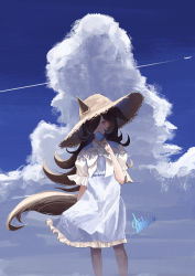 Rule 34 | 1girl, absurdres, aircraft, alternate costume, animal ears, arm at side, blue dress, bow, brown hair, cloud, collared shirt, dress, ears through headwear, feet out of frame, food, hair over one eye, hand up, hat, highres, holding, holding food, horse ears, horse girl, horse tail, ikanoshiokara, looking at viewer, outdoors, popsicle, purple eyes, rice shower (umamusume), shirt, short sleeves, signature, solo, standing, straw hat, tail, umamusume, white bow, white shirt