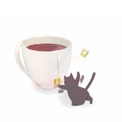 Rule 34 | black cat, cat, chai (drawingchisanne), cup, drink, from behind, full body, leg up, no humans, original, signature, simple background, solo, tail raised, tea, teabag, teacup, waving, waving arms, white background