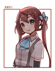 Rule 34 | arm warmers, asagumo (kancolle), blue bow, blue eyes, blue neckwear, bow, breasts, brown hair, closed mouth, collared shirt, dress shirt, eyebrows hidden by hair, hair between eyes, hair bow, hair rings, happy birthday, kantai collection, long hair, looking at viewer, nuno (pppompon), shirt, short sleeves, small breasts, smile, solo, thick eyebrows, upper body, very long hair, white background, white shirt