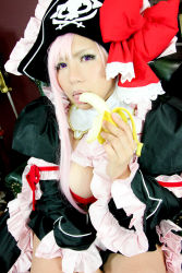 Rule 34 | 1girl, banana, breasts, captain liliana, captain liliana (cosplay), chouzuki maryou, cosplay, food, fruit, hat, highres, large breasts, photo (medium), pink hair, pirate, pirate hat, plump, purple eyes, queen&#039;s blade, queen&#039;s blade lost worlds, queen&#039;s blade rebellion, sexually suggestive