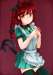 Rule 34 | 1girl, alternate costume, animal ears, apron, bell, black thighhighs, bow, braid, cat ears, cat tail, closed mouth, cowboy shot, dress, green bow, green dress, hair bow, highres, kaenbyou rin, looking at viewer, maid, medium hair, multiple tails, nail polish, neck bell, own hands together, red background, red eyes, red hair, red nails, scottie0521, short sleeves, side braids, simple background, smile, solo, standing, tail, thighhighs, touhou, twin braids, two tails, white apron