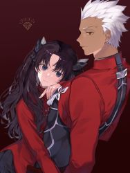Rule 34 | 1boy, 1girl, archer (fate), black hair, black ribbon, black skirt, blue eyes, brown eyes, dark-skinned male, dark skin, fate/stay night, fate (series), glance, hair ribbon, head rest, highres, leaning on person, long hair, long sleeves, looking at viewer, parted bangs, red background, red shirt, red sleeves, ribbon, shimatori (sanyyyy), shirt, silver hair, simple background, skirt, smile, tohsaka rin