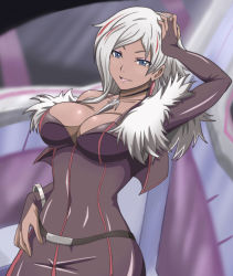 Rule 34 | 10s, 1girl, :d, arm up, banboro (technobot), bare shoulders, belt, blue eyes, blurry, bracelet, breasts, bridal gauntlets, cleavage, covered navel, cowboy shot, cropped jacket, dark-skinned female, dark skin, depth of field, dress, earrings, eyeshadow, fur trim, grania, hand on own hip, hand on own head, jacket, jewelry, large breasts, lipstick, looking at viewer, makeup, multicolored hair, necklace, off shoulder, open clothes, open jacket, open mouth, parted bangs, pendant, pink lips, pinstripe pattern, red hair, rinne no lagrange, short hair, silver hair, skin tight, smile, solo, standing, streaked hair, striped, two-tone hair, wide hips