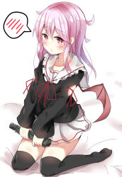 Rule 34 | 1girl, absurdres, bat wings, bed sheet, black shirt, black thighhighs, blush, brown wings, closed mouth, closed umbrella, commentary request, dreamusun, frilled sailor collar, frills, full body, hair between eyes, highres, holding, holding umbrella, long hair, long sleeves, looking at viewer, no shoes, original, pleated skirt, puffy long sleeves, puffy sleeves, purple hair, red eyes, sailor collar, school uniform, serafuku, shirt, sitting, skirt, soles, solo, spoken blush, thighhighs, umbrella, wariza, white sailor collar, white skirt, wings