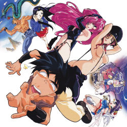 Rule 34 | 1990s (style), 3girls, 5girls, apron, aqua eyes, arms up, ass, bakuretsu hunters, black hair, bondage outfit, boots, breasts, butt crack, carrot glace, chocolate misu, constricted pupils, crossdressing, daughter (bakuretsu hunters), double bun, dragon, floating hair, garter straps, gateau mocha, gotou keiji, hair between eyes, hair bun, hand on head, hat, highres, kanure stella, large breasts, lipstick, long hair, looking at viewer, makeup, marron glace, medium breasts, multiple girls, muscular, naked suspenders, navel, o-ring, official art, open mouth, peaked cap, pleated skirt, purple hair, red hair, retro artstyle, short hair, skirt, strap gap, suspenders, sweat, thighhighs, tira misu, twisted torso, waist apron