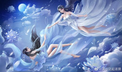 Rule 34 | 2girls, anklet, bare legs, bare shoulders, barefoot, black hair, blue dress, blue eyes, closed mouth, cloud, detached sleeves, dress, facial mark, falling, floating, flower, forehead mark, full body, hair ornament, highres, jewelry, long hair, lotus, multiple girls, night, qing xin fanqi lianyi, sky, wanmei shijie, white dress, yue chan (wanmei shijie)