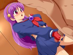 Rule 34 | 1boy, 1girl, asamiya athena, blush, breasts, censored, clothed female nude male, erection, gloves, handjob, headband, hetero, ink, konpeto, large breasts, nude, penis, penis awe, purple hair, school uniform, skirt, snk, sweat, the king of fighters, the king of fighters xii