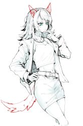 Rule 34 | 1girl, bang dream!, bang dream! it&#039;s mygo!!!!!, belt, blue eyes, chinese commentary, closed mouth, collar, commentary request, drawn ears, drawn tail, earrings, feet out of frame, greyscale, hand on own chin, hand on own hip, highres, jacket, jewelry, ksst, long hair, long sleeves, midriff, monochrome, navel, necklace, open clothes, open jacket, skirt, smile, solo, spot color, tank top, yahata umiri