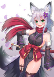 Rule 34 | 1girl, :d, animal ear fluff, animal ears, bare shoulders, breasts, cocoasabure, commentary request, cowboy shot, detached sleeves, fang, flower, green eyes, hair between eyes, hair flower, hair ornament, highres, holding, holding sword, holding weapon, japanese clothes, katana, long sleeves, looking at viewer, medium breasts, obi, open mouth, original, pelvic curtain, sash, scarf, sheath, sheathed, short hair, silver hair, smile, solo, sword, tail, thighhighs, thighs, weapon, wolf ears, wolf girl, wolf tail