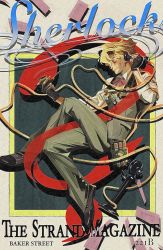 Rule 34 | 1boy, absurdres, ace attorney, antique phone, black footwear, blonde hair, candlestick phone, character name, closed eyes, collared shirt, commentary request, cover, crossed legs, cursive, fake cover, fake magazine cover, fingerless gloves, from side, full body, gloves, goggles, goggles around neck, herlock sholmes, highres, holding, holding phone, holding smoking pipe, magazine cover, male focus, neck ribbon, pants, phone, red ribbon, ribbon, shino bunnys, shirt, short hair, smoke, smoking pipe, solo, the great ace attorney, vial, waistcoat