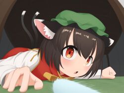 Rule 34 | 1girl, :o, absurdres, animal ear fluff, animal ears, asakura haru, brown hair, cat ears, cat tail, ceiling, chen, commentary request, doorway, double-parted bangs, dress, fisheye, gold trim, green hat, hair between eyes, hat, highres, indoors, looking at viewer, lying, mob cap, multiple tails, nekomata, on stomach, open mouth, perspective, red dress, red eyes, short hair, solo, tail, top-down bottom-up, touhou, two tails