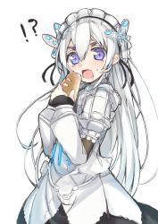 Rule 34 | !?, 10s, 1girl, blush, bread, butterfly hair ornament, chaika trabant, commentary request, dress, eyebrows, food, hair between eyes, hair ornament, hairband, haruyuki (yukichasoba), hitsugi no chaika, holding, holding food, lolita hairband, looking at viewer, open mouth, puffy sleeves, purple eyes, saliva, simple background, solo, standing, surprised, sweatdrop, thick eyebrows, white background, white hair