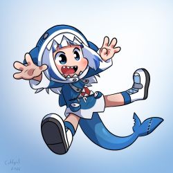 Rule 34 | 1girl, :d, animal costume, animal hood, artist name, blue background, blue eyes, blue hair, blue hoodie, blue socks, blunt bangs, chibi, coffgirl, colored shoe soles, commentary, dated, english commentary, fewer digits, fins, fish tail, full body, gawr gura, gawr gura (1st costume), gradient background, grey hair, highres, hololive, hololive english, hood, hood up, hoodie, legs apart, long sleeves, looking to the side, making-of available, medium hair, multicolored hair, open mouth, outstretched arms, pouch, shark costume, shark girl, shark hood, shark tail, sharp teeth, shoe soles, shoes, signature, simple background, smile, sneakers, socks, solo, streaked hair, tail, teeth, virtual youtuber, white background, white footwear