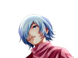 Rule 34 | 1girl, blue eyes, blue hair, bruise, bruise on face, cloak, commentary request, derivative work, g4265059, gradient hair, hair over one eye, injury, kirishima touka, looking at viewer, multicolored hair, red cloak, short hair, simple background, solo, teeth, tokyo ghoul, tokyo ghoul:re, white background