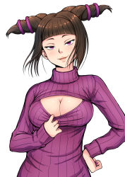 Rule 34 | 1girl, bad id, bad pixiv id, breasts, brown hair, cleavage, cleavage cutout, clothing cutout, drill hair, han juri, hand on own hip, kairan-momochi, large breasts, looking at viewer, meme attire, open-chest sweater, purple eyes, ribbed sweater, short hair, simple background, smile, solo, street fighter, street fighter iv (series), sweater, turtleneck, twin drills, umigraphics, upper body, white background