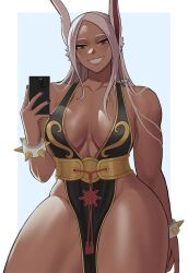 Rule 34 | 1girl, :d, animal ears, artist name, bare shoulders, black dress, black nails, boku no hero academia, border, bracelet, breasts, breasts apart, capcom, chinese clothes, chun-li, chun-li (cosplay), collarbone, cosplay, cowboy shot, dark-skinned female, dark skin, dress, gold trim, gud0c, hair over shoulder, highres, holding, holding phone, jewelry, large breasts, long hair, looking at viewer, mirko, muscular, muscular female, nail polish, no bra, no panties, official alternate costume, open mouth, parted bangs, pelvic curtain, phone, plunging neckline, rabbit ears, rabbit girl, red eyes, revealing clothes, selfie, smile, solo, spiked bracelet, spikes, street fighter, street fighter v, teeth, thick thighs, thighs, veins, veiny arms, very long hair, white border, white hair, wide hips