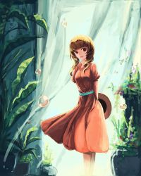 Rule 34 | 1girl, arms behind back, blunt bangs, brown hair, bubble, curtains, dress, hat, unworn hat, unworn headwear, looking at viewer, modothirly, original, plant, potted plant, red dress, solo, standing