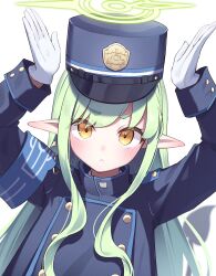 Rule 34 | 1girl, :&lt;, absurdres, armband, arms up, blue archive, blue armband, blue shirt, buttons, commentary request, demon tail, double-breasted, gloves, green hair, green halo, halo, hat, hikari (blue archive), highres, kry oekk, long hair, long sleeves, looking at viewer, peaked cap, pointy ears, shirt, sidelocks, simple background, solo, tail, upper body, white background, white gloves, yellow eyes