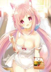 Rule 34 | 1girl, amamiya aki, animal ear fluff, animal ears, apron, bare shoulders, bento, blue scrunchie, blush, breasts, cleavage, commentary request, cowboy shot, finger to own chin, food, food art, fox ears, fox tail, from behind, hair ornament, hairclip, heart, highres, long hair, looking at viewer, low twintails, medium breasts, naked apron, original, p19, pink hair, pleated skirt, polka dot, polka dot scrunchie, red eyes, scrunchie, simple background, skirt, smile, solo, sweater, tail, tako-san wiener, twintails, virtual youtuber, white background