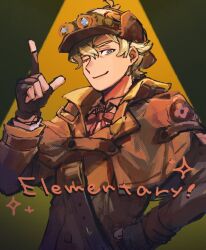 Rule 34 | 1boy, ace attorney, black gloves, blonde hair, brown coat, brown hat, closed mouth, coat, collared shirt, deerstalker, detective, english text, gloves, goggles, goggles on headwear, green eyes, hand on own hip, hand up, hat, herlock sholmes, hiroshi (moremorepi), index fingers raised, long sleeves, looking at viewer, male focus, neck ribbon, one eye closed, partially fingerless gloves, pink shirt, red ribbon, ribbon, shirt, short hair, smile, solo, sparkle, spotlight, the great ace attorney