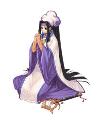 Rule 34 | 1girl, alchemist, atelier (series), atelier iris, atelier iris eternal mana, black eyes, black hair, female focus, futaba jun, gust, hat, headband, iris blanchimont, jewelry, lilith (atelier iris), long hair, looking away, magic, necklace, official art, own hands clasped, own hands together, pendant, ponytail, praying, robe, scepter, seiza, sidelocks, simple background, sitting, smile, solo, very long hair, wand, white background, wide sleeves