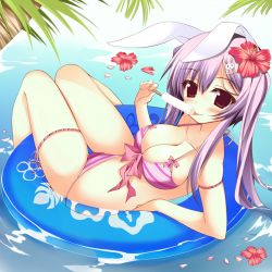 Rule 34 | 1girl, animal ears, arm support, back, bikini, blush, breasts, cleavage, female focus, flower, food, front-tie top, hair flower, hair ornament, hairpin, hibiscus, holding, innertube, kusano (torisukerabasu), large breasts, long hair, looking at viewer, partially submerged, petals, pink bikini, popsicle, purple hair, rabbit ears, rabbit hair ornament, red eyes, reisen udongein inaba, sitting, solo, strap gap, striped bikini, striped clothes, swim ring, swimsuit, thigh gap, tongue, touhou, water