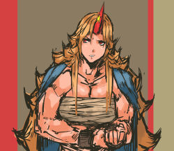 Rule 34 | 1girl, blonde hair, breasts, cleavage, cuffs, highres, horns, hoshiguma yuugi, large breasts, long hair, muscular, muscular female, nameo (judgemasterkou), open clothes, red eyes, sarashi, shackles, single horn, solo, touhou