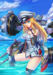 Rule 34 | 10s, 1girl, absurdres, bad id, bad pixiv id, bismarck (kancolle), black panties, blonde hair, blue eyes, blue sky, cannon, cloud, day, detached sleeves, hat, highres, impossible clothes, kantai collection, long hair, machinery, mecha musume, military, military hat, military uniform, ocean, panties, peaked cap, sky, smarms, solo, thighs, turret, underwear, uniform, wading