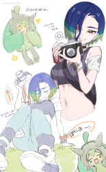Rule 34 | 1girl, arm support, blue hair, brown eyes, camera, commentary request, creatures (company), eyelashes, game freak, grass, green pants, grey vest, grin, heart, highres, holding, holding camera, looking at viewer, multiple views, nintendo, off-shoulder shirt, off shoulder, ogerpon, ogerpon (teal mask), pants, perrin (pokemon), pokemon, pokemon (creature), pokemon sv, ribbed vest, shirt, shoes, short hair, shuri (84k), sitting, smile, socks, speech bubble, spoken star, star (symbol), teeth, translation request, vest, white background, white shirt