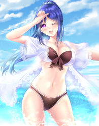 Rule 34 | 10s, 1girl, arm up, bad id, bad pixiv id, bikini, bikini under clothes, black bikini, blue hair, blue sky, blush, breasts, cleavage, clenched hand, cloud, commentary request, cowboy shot, day, dress shirt, front-tie bikini top, front-tie top, hand on own forehead, large breasts, long hair, looking at viewer, love live!, love live! school idol festival, love live! sunshine!!, matsuura kanan, mismatched bikini, navel, ocean, one eye closed, open mouth, outdoors, ponytail, ponytail korosuke, purple eyes, revision, see-through, shirt, short sleeves, sky, smile, solo, standing, stomach, swimsuit, teeth, upper teeth only, water, wet, wet clothes, wet shirt, white shirt