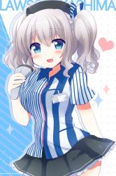 Rule 34 | 10s, 1girl, :d, barcode scanner, blue eyes, character name, employee uniform, hat, kantai collection, kashima (kancolle), lawson, long hair, mikurun (otome no hanikami), open mouth, shirt, silver hair, smile, solo, striped clothes, striped shirt, twintails, uniform