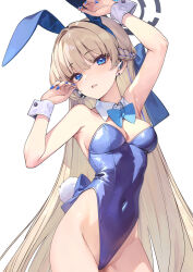 Rule 34 | 1girl, animal ears, arms up, back bow, bare legs, blonde hair, blue archive, blue bow, blue bowtie, blue eyes, blue hair, blue halo, blue leotard, bow, bowtie, breasts, bunny day, covered navel, detached collar, earpiece, eyebrows hidden by hair, fake animal ears, half up braid, halo, headset, highleg, highleg leotard, leotard, long hair, medium breasts, multicolored hair, official alternate costume, playboy bunny, rabbit ears, rabbit tail, shirokitsune, simple background, solo, strapless, strapless leotard, streaked hair, tail, toki (blue archive), toki (bunny) (blue archive), very long hair, white background, wrist cuffs