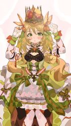 Rule 34 | 1girl, arms up, blonde hair, blush, bow, breasts, brooch, celine (fire emblem), commentary, crown, dress, feet out of frame, fire emblem, fire emblem engage, gbbgb321, gloves, green bow, green eyes, hair bow, highres, jewelry, looking at viewer, nintendo, small breasts, solo, standing, white gloves