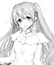 Rule 34 | 1girl, blush, copyright request, dress, greyscale, head tilt, jewelry, kazabuki poni, long hair, looking at viewer, monochrome, necklace, smile, solo, twintails, upper body, white background