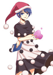 Rule 34 | 1girl, ball, blue eyes, blue hair, book, doremy sweet, hat, highres, holding, holding book, kakao (noise-111), matching hair/eyes, nightcap, open mouth, short hair, simple background, solo, touhou