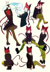 Rule 34 | 1girl, animal ears, arm up, black dress, braid, brown footwear, cat ears, cat tail, closed eyes, closed mouth, crossed legs, dress, green pantyhose, head rest, high heels, highres, kaenbyou rin, loftyanchor, long hair, long sleeves, looking at viewer, multiple tails, no shoes, one eye closed, pantyhose, red eyes, red hair, shoes, short dress, simple background, sitting, smile, squatting, standing, tail, touhou, twin braids, two tails, very long hair, white background