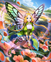 1girl absurdres ahoge blonde_hair blue_eyes blue_sky breasts bridal_garter dress ear_piercing fairy fairy_(shadowverse) fairy_wings falling_petals floating flower frilled_dress frills full_body green_dress green_footwear hair_flower hair_ornament highres holding holding_sword holding_weapon horizon large_breasts long_hair looking_at_viewer official_art open_mouth outdoors petals piercing pink_flower pink_petals pointy_ears puffy_short_sleeves puffy_sleeves rapier sandals shadowverse short_sleeves sky solo sword takanashi_nkg teeth tree two-tone_dress upper_teeth_only vambraces weapon wind wings