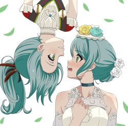 Rule 34 | 2girls, absurdres, aqua hair, ascot, bang dream!, bare shoulders, blush, choker, collarbone, commentary, dress, english commentary, eye contact, feather hair ornament, feathers, flower, fries vanquisher, gem, green eyes, grin, hair bun, hair flower, hair ornament, highres, hikawa hina, hikawa sayo, leaf, looking at another, multiple girls, open mouth, pearl (gemstone), ponytail, rose, shirt, siblings, single hair bun, sisters, smile, surprised, upside-down, white ascot, white background, white dress, white shirt
